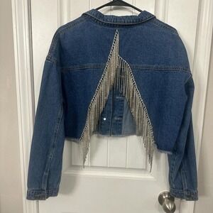 One of a kind statement cropped upcycled western disco denim jacket. Large